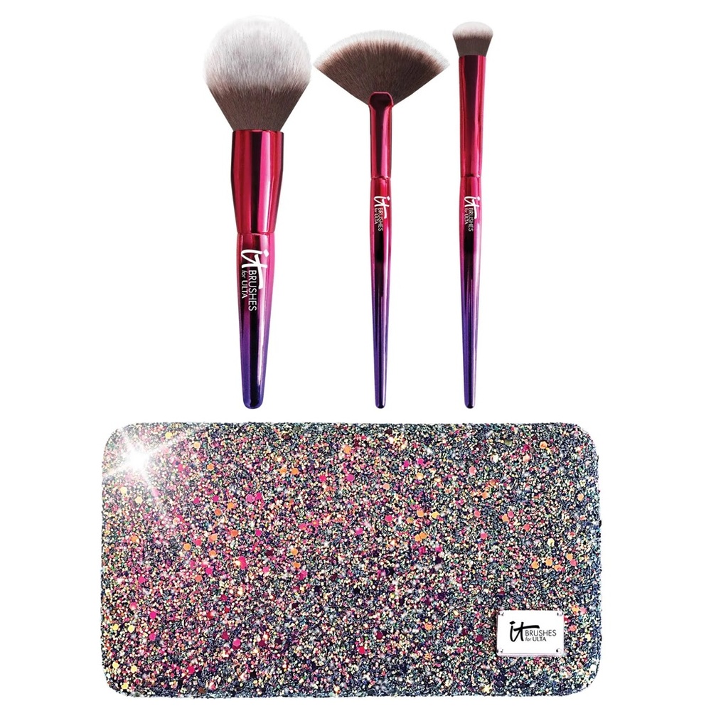 NIB New It Cosmetics Your Rockstar 3-Piece Makeup Brush Set Glitter Clutch